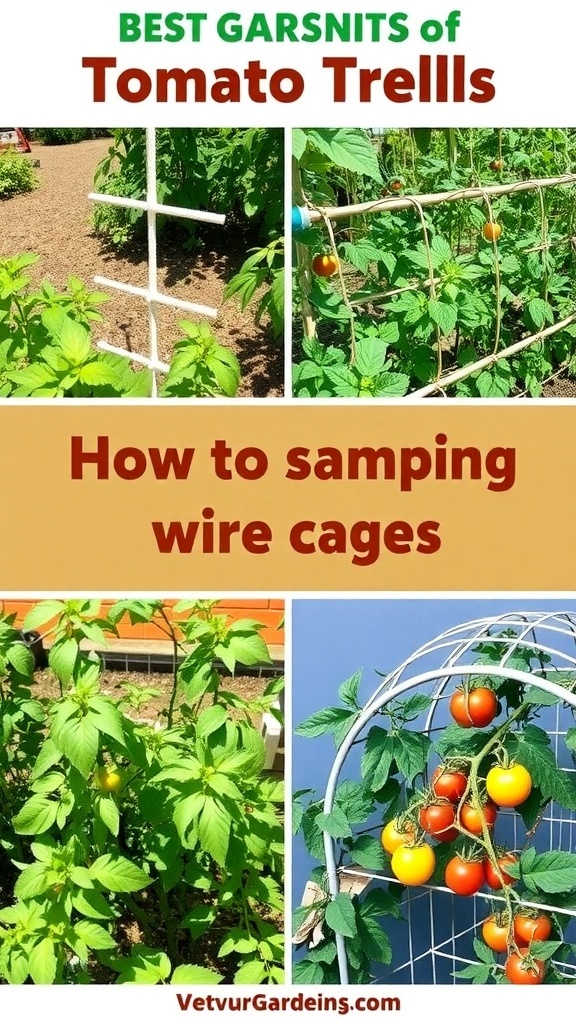 A colorful garden with different tomato trellis ideas, featuring healthy tomato plants supported by stakes, cages, and A-frame structures.